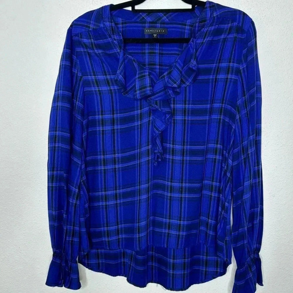Sanctuary blue plaid rayon ruffle top size large - Picture 1 of 5